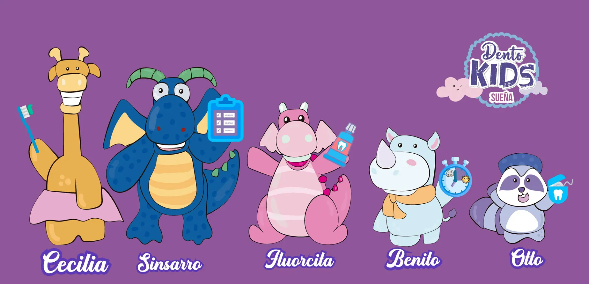 Los personajes de la Patrulla Anticaries: Cecilia, Sinsarro, Fluorcila, Benito y Otto